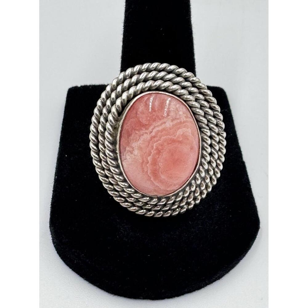 Navajo Sterling Silver Large Rhodochrosite Cabochon Rope Ring Signed P A Smith 8